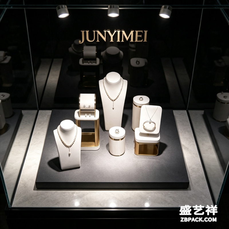 白皮纹金边珠宝展示套装CC6 | White Leather & Gold Trim Jewelry Display Set CC6 - 细节图3