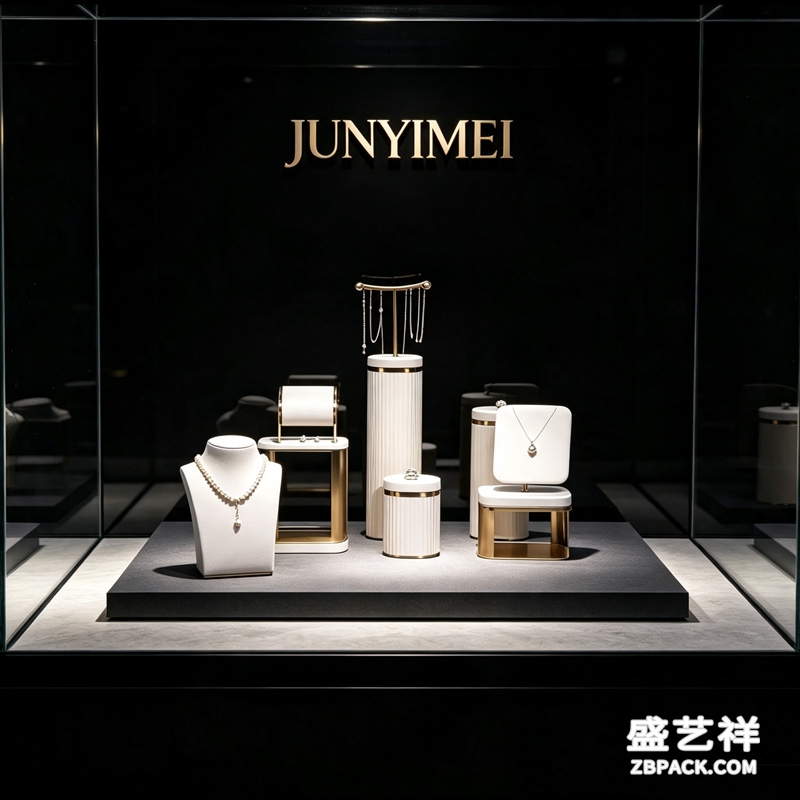 白皮纹金边珠宝展示套装CC6 | White Leather & Gold Trim Jewelry Display Set CC6