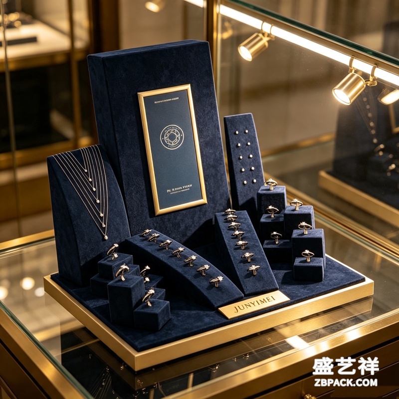 深蓝绒面金边珠宝展示套装CC11 | Deep Blue Velvet & Gold Trim Jewelry Display Set CC11 - 细节图3