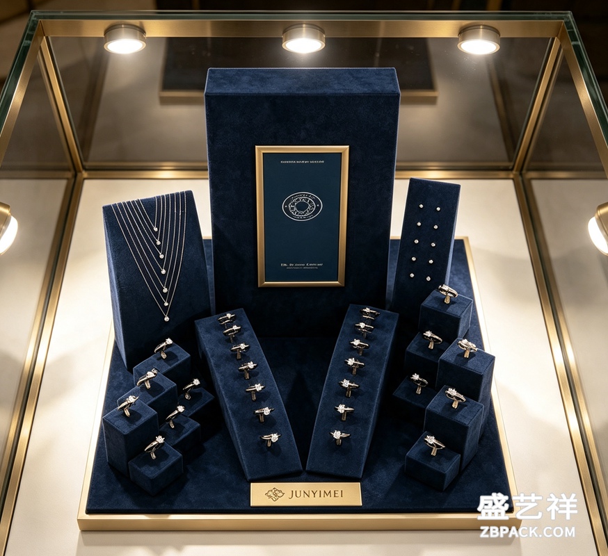 深蓝绒面金边珠宝展示套装CC11 | Deep Blue Velvet & Gold Trim Jewelry Display Set CC11