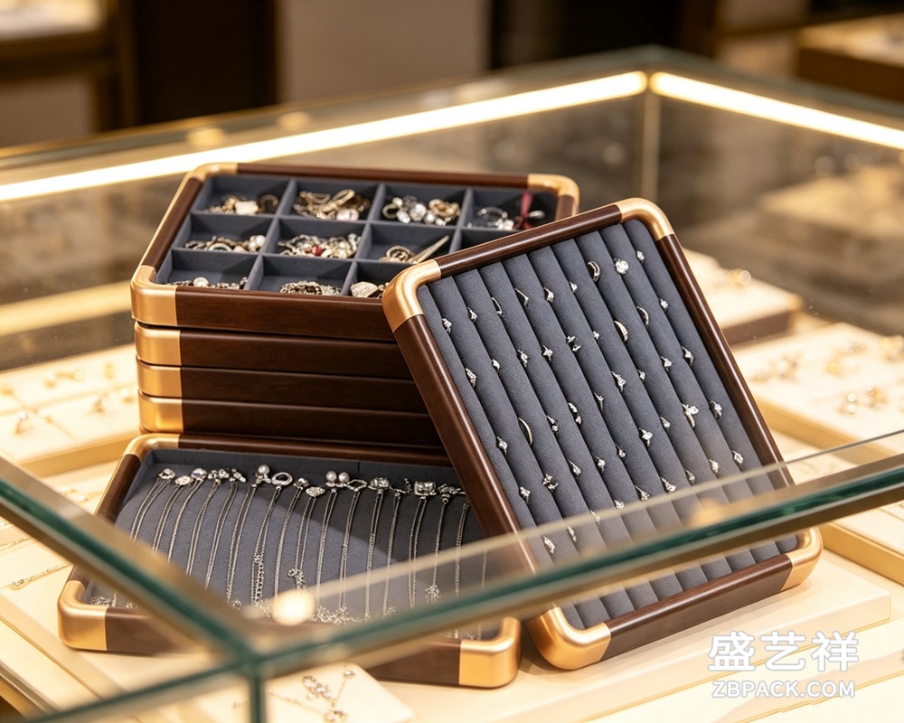胡桃木金角珠宝展示托盘TP03 | Walnut & Gold Corner Jewelry Display Tray TP03 - 细节图3