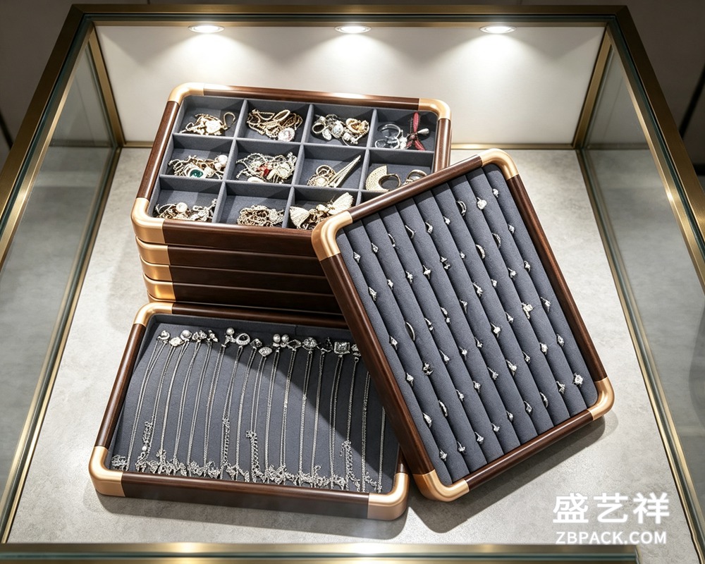 胡桃木金角珠宝展示托盘TP03 | Walnut & Gold Corner Jewelry Display Tray TP03