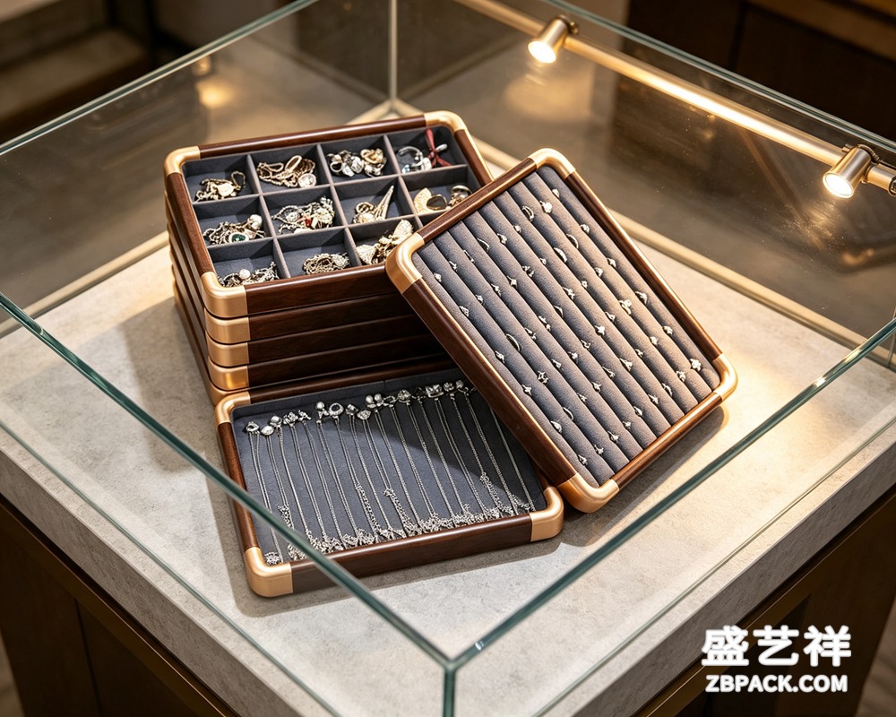 胡桃木金角珠宝展示托盘TP03 | Walnut & Gold Corner Jewelry Display Tray TP03 - 细节图2