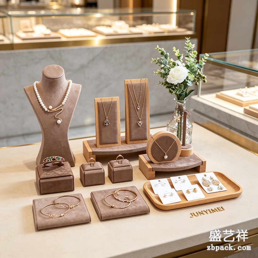 原木咖绒全套珠宝橱窗展示套装 DJ06 | Wood & Coffee‑Velvet Full Jewelry Display Set DJ06 - 细节图3