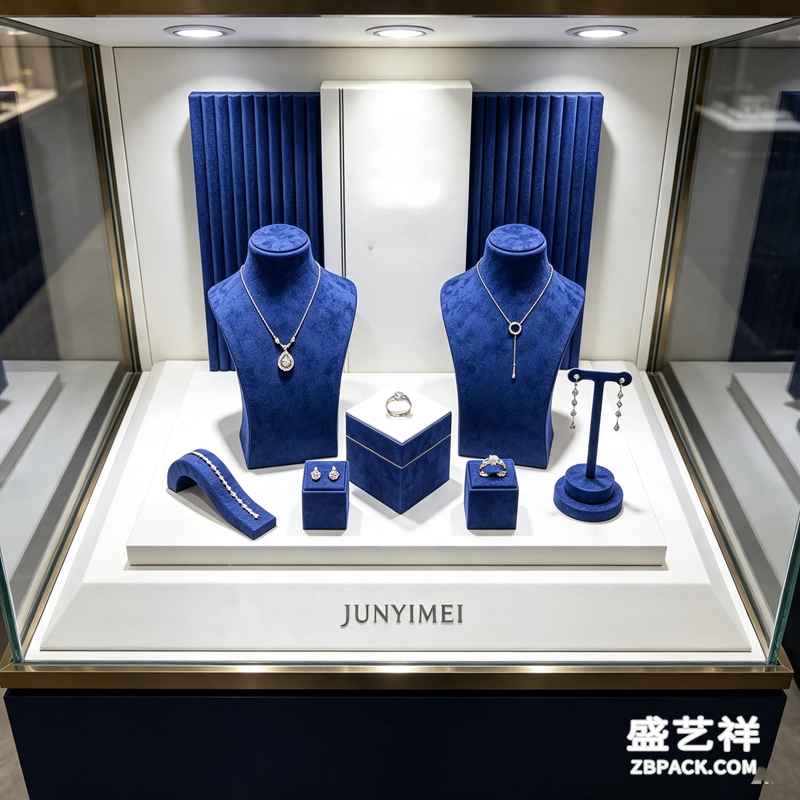宝蓝色绒布珠宝橱窗展示套装 CC37 | Sapphire‑Blue Velvet Jewelry Window Display Set CC37