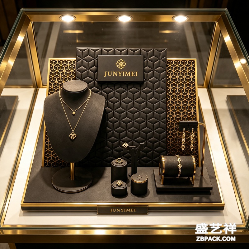 黑底金纹轻奢珠宝橱窗展示套装 CC39 | Black‑Gold Luxury Jewelry Window Display Set CC39 - 细节图3