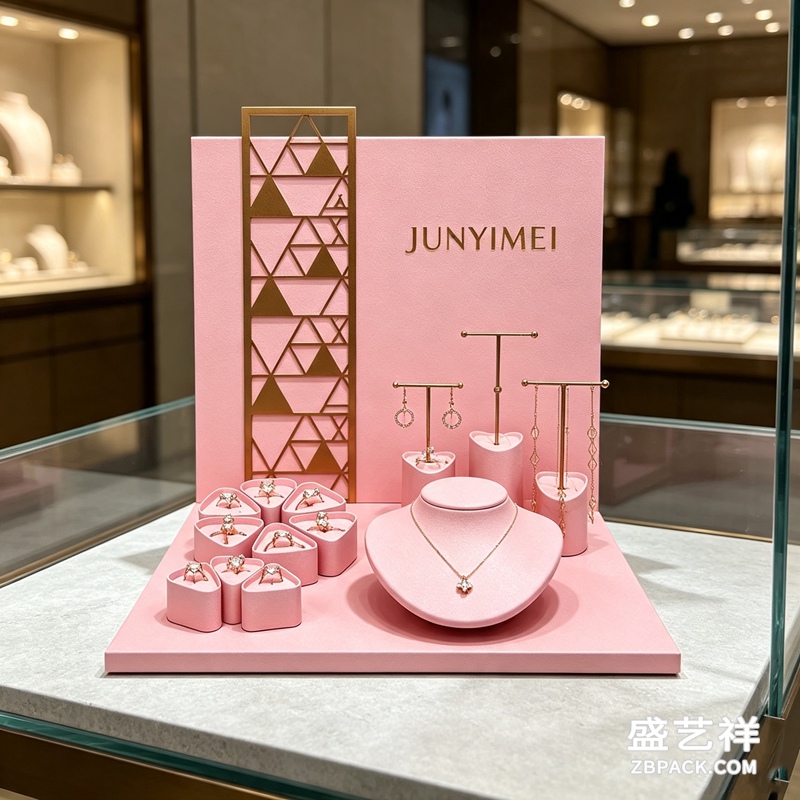 蜜桃粉几何金饰珠宝柜台展示套装 CC47 | Peach‑Pink Geometric Gold Jewelry Counter Set CC47 - 细节图2