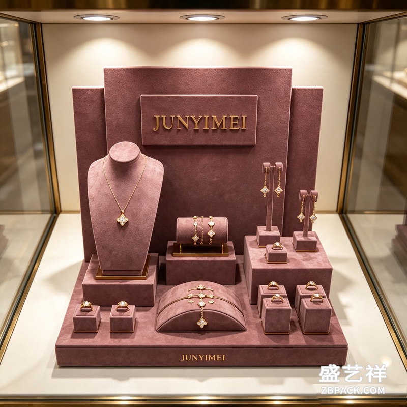 豆沙粉绒布分层珠宝橱窗展示套装 CC58 | Dusky‑Pink Velvet Layered Jewelry Display Set CC58 - 细节图3
