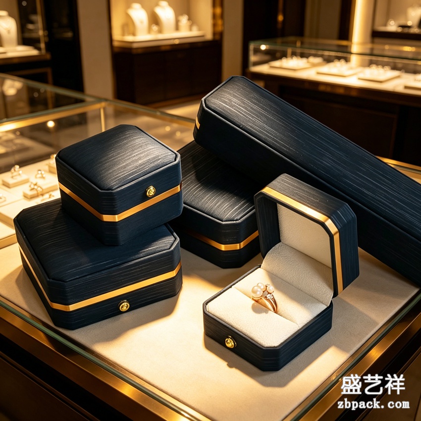 藏青首饰盒，金边珠宝盒，戒指项链盒，轻奢首饰礼盒，珠宝收纳包装盒 | Dark Blue Gold‑Trim Jewelry Box ZBH13 - 细节图2